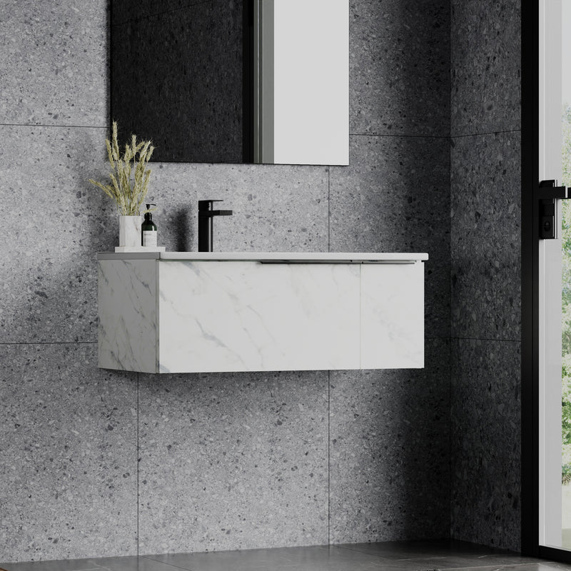 Banyetti Siena 800mm Wall Hung Vanity Unit with Matt Black Handles - Carrara Marble