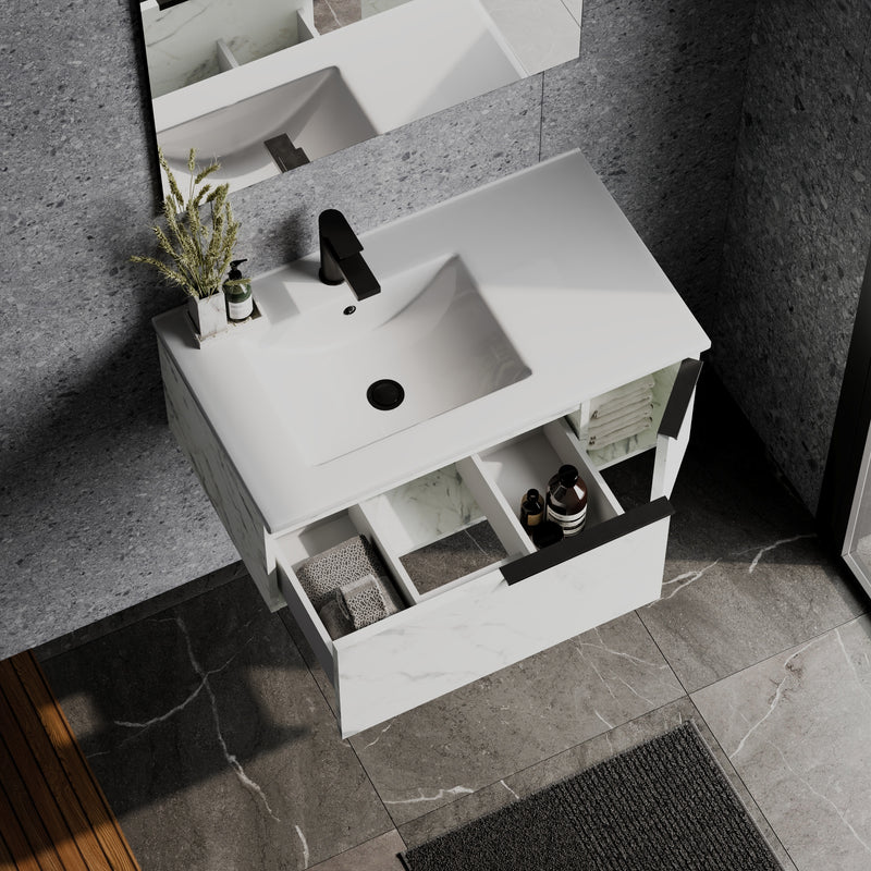 Banyetti Siena 800mm Wall Hung Vanity Unit with Matt Black Handles - Carrara Marble