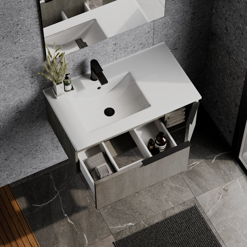 Banyetti Siena 800mm Wall Hung Vanity Unit with Matt Black Handles - Stone Grey