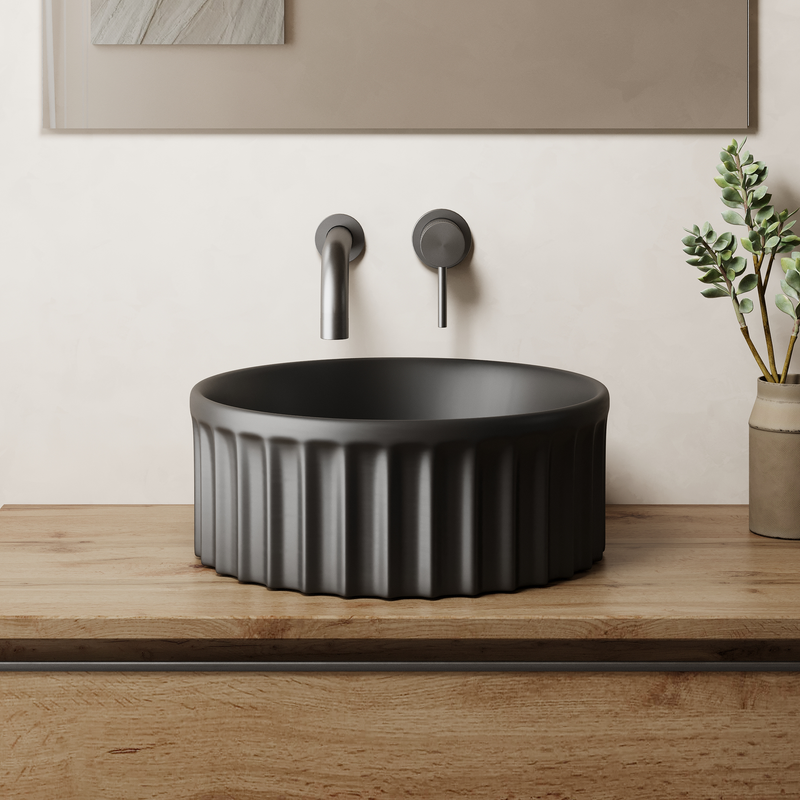 Banyetti Vasca 380mm Round Fluted Countertop Basin - Matt Black