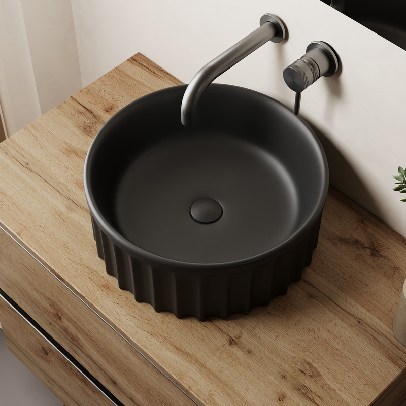Banyetti Vasca 380mm Round Fluted Countertop Basin - Matt Black
