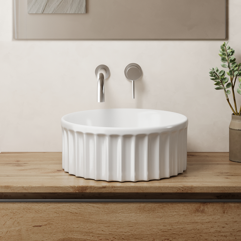 Banyetti Vasca 380mm Round Fluted Countertop Basin - Gloss White