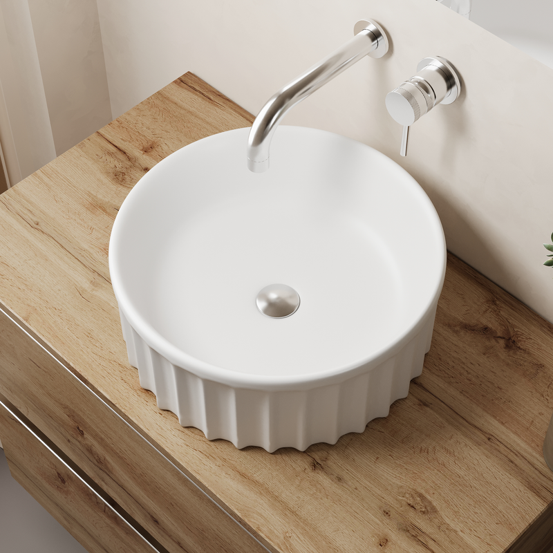 Banyetti Vasca 380mm Round Fluted Countertop Basin - Gloss White