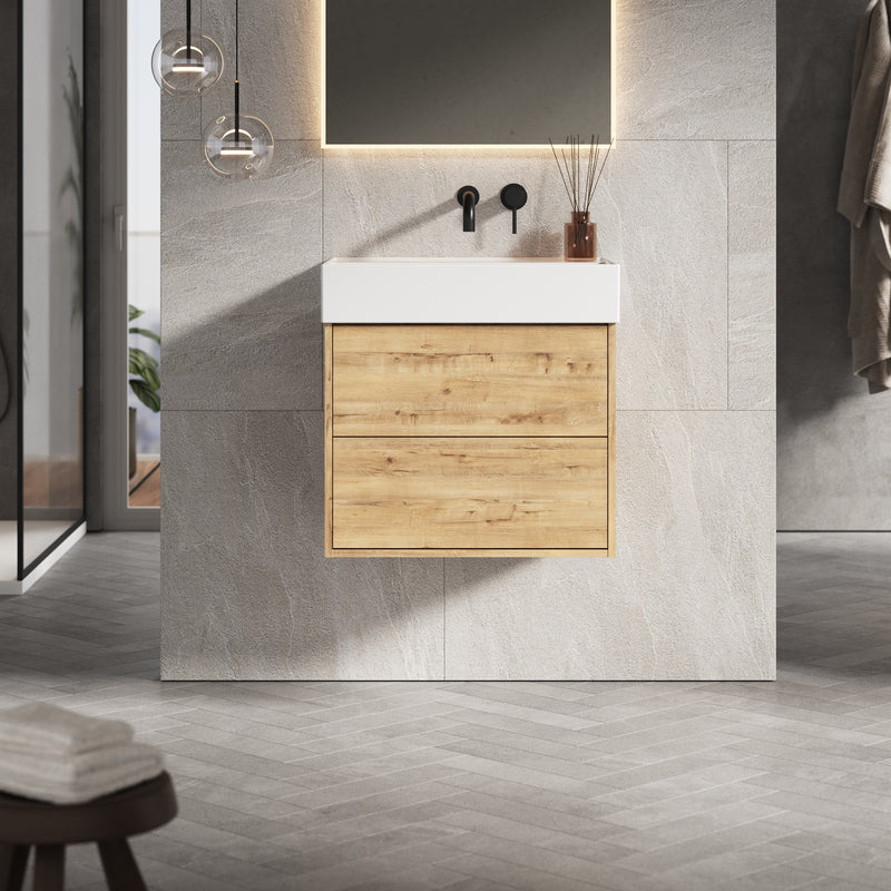 Banyetti Venti Wall Hung Vanity Unit with Veneto No Tap Hole Basin - 600mm Ostippo Oak