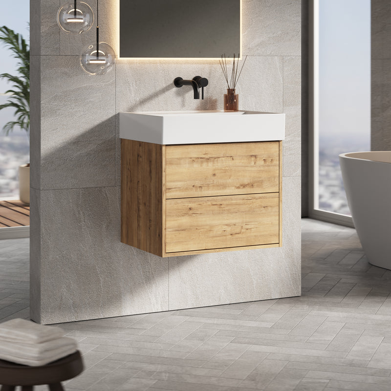 Banyetti Venti Wall Hung Vanity Unit with Veneto No Tap Hole Basin - 600mm Ostippo Oak