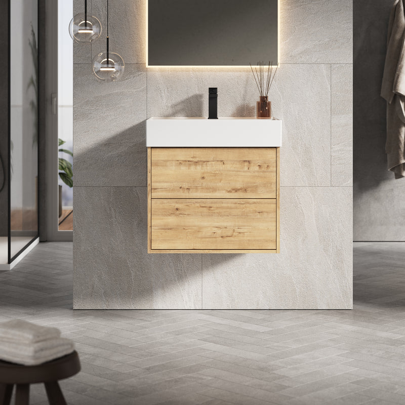 Banyetti Venti Wall Hung Vanity Unit with Veneto 1 Tap Hole Basin - 600mm Ostippo Oak