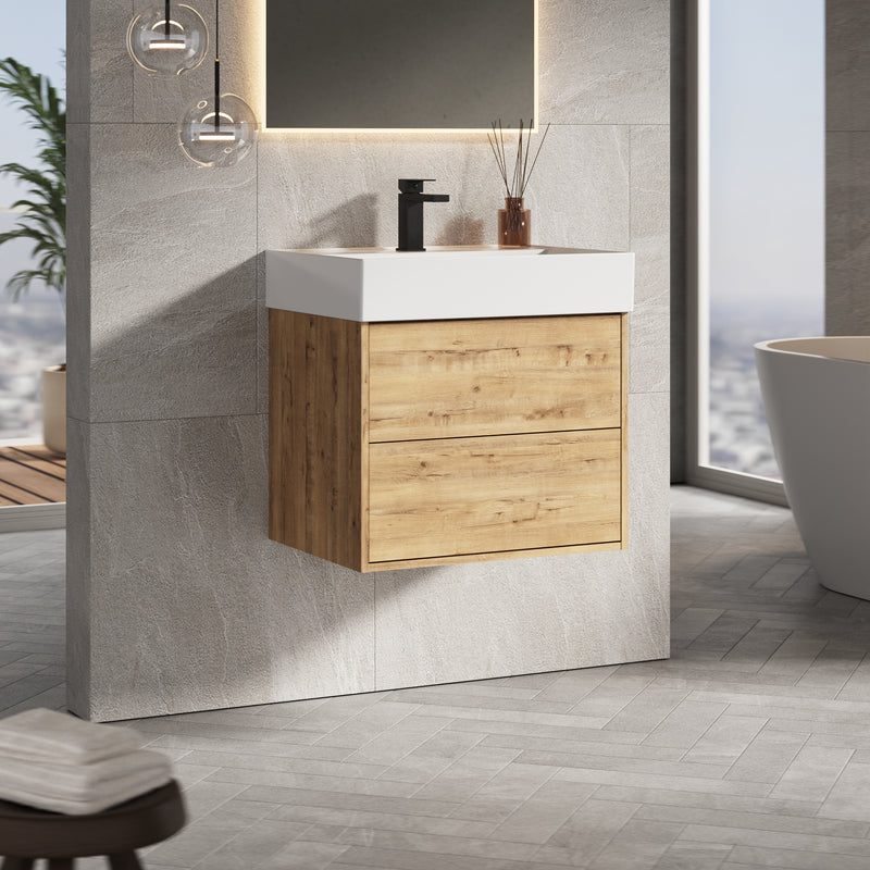 Banyetti Venti Wall Hung Vanity Unit with Veneto 1 Tap Hole Basin - 600mm Ostippo Oak