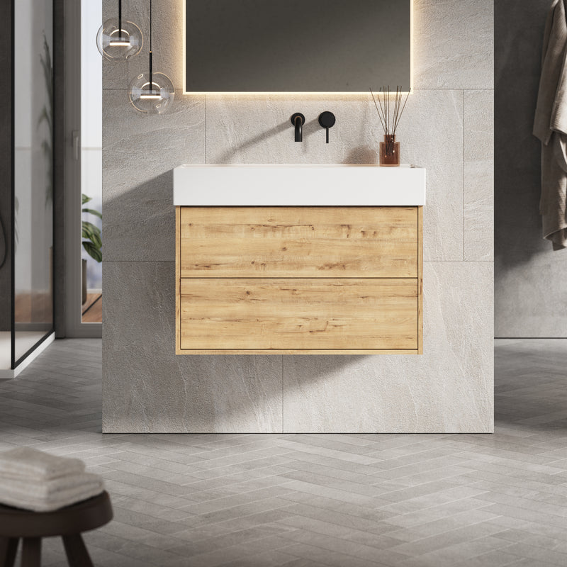 Banyetti Venti Wall Hung Vanity Unit with Veneto No Tap Hole Basin - 800mm Ostippo Oak
