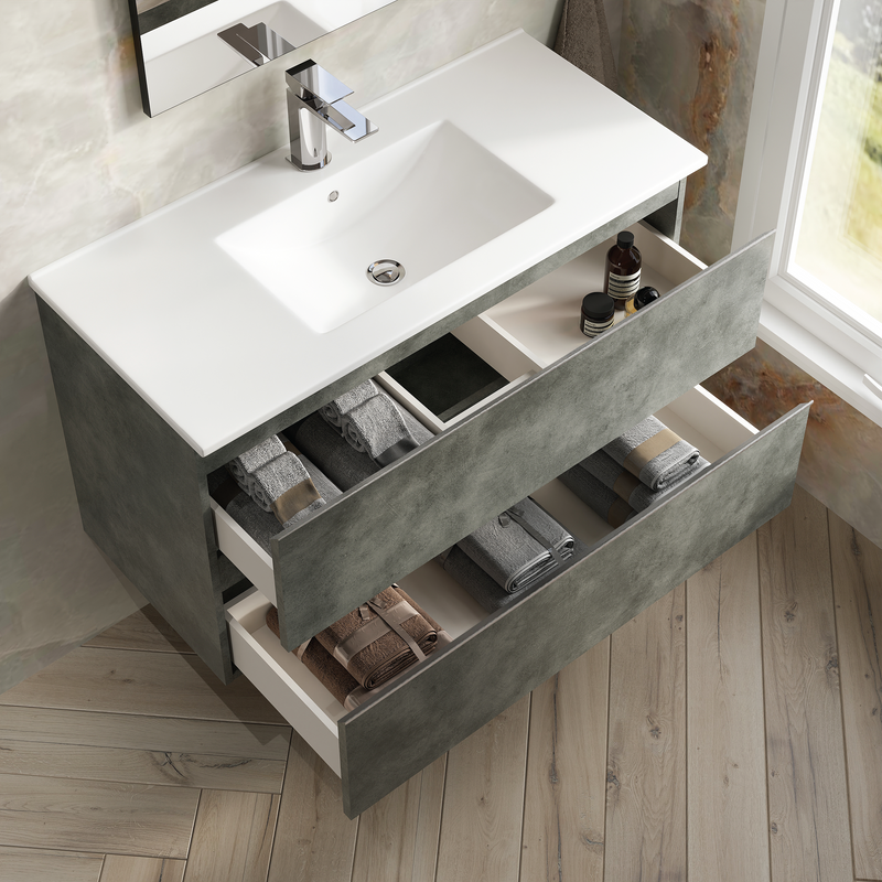 Banyetti Vatilla Cemento Wall Hung Vanity Unit with Chrome Handles - Select Size