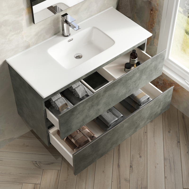 Banyetti Vatilla Cemento Wall Hung Vanity Unit with Chrome Handles - Select Size