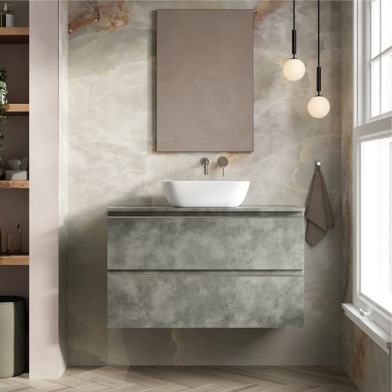 Banyetti Vatilla Cemento Wall Hung Vanity Unit with Chrome Handles - Select Size