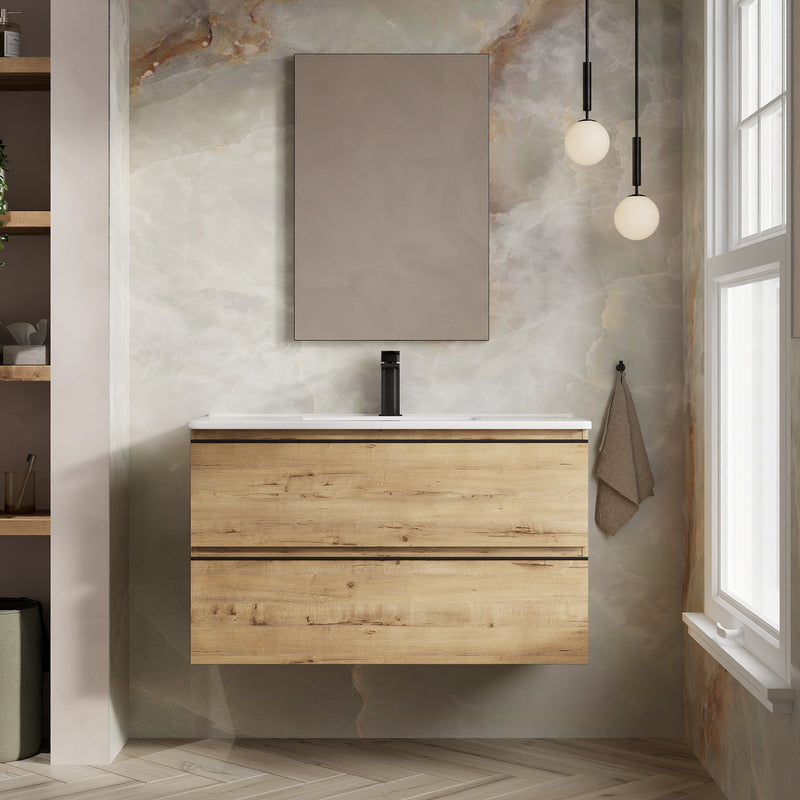 Banyetti Vatilla Ostippo Oak Wall Hung Vanity Unit with Matt Black Handles - Select Size