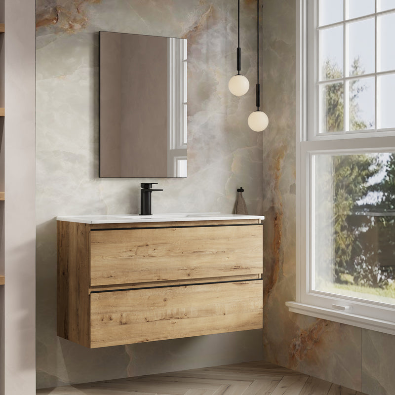 Banyetti Vatilla Ostippo Oak Wall Hung Vanity Unit with Matt Black Handles - Select Size