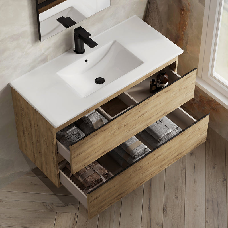 Banyetti Vatilla Ostippo Oak Wall Hung Vanity Unit with Matt Black Handles - Select Size