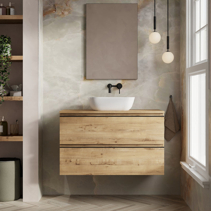 Banyetti Vatilla Ostippo Oak Wall Hung Vanity Unit with Matt Black Handles - Select Size