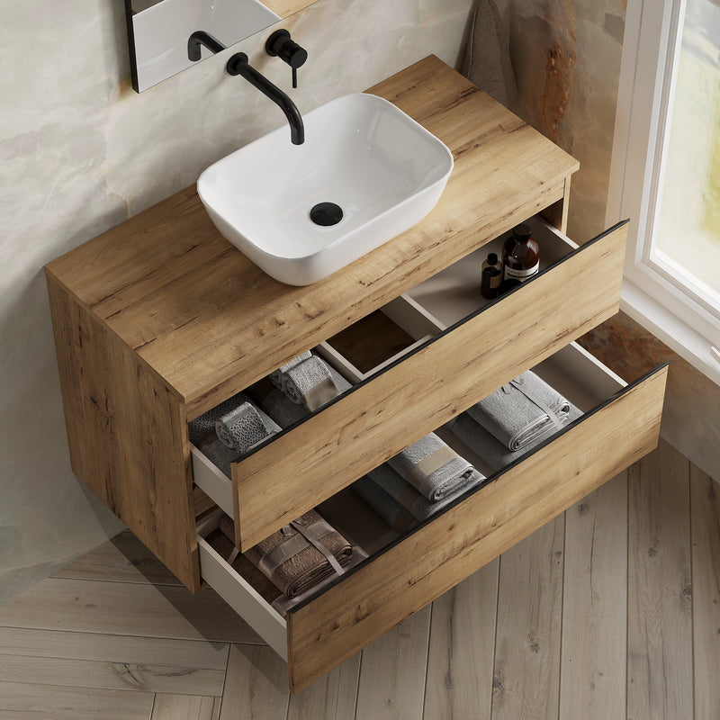 Banyetti Vatilla Ostippo Oak Wall Hung Vanity Unit with Matt Black Handles - Select Size