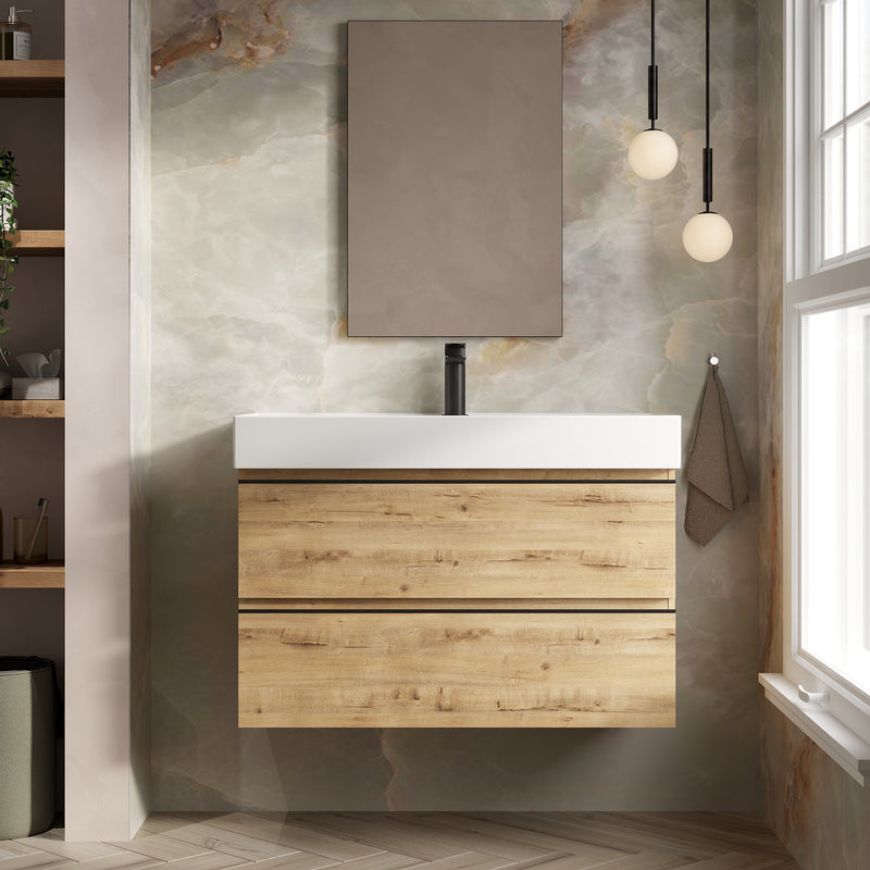 Banyetti Vatilla Ostippo Oak Wall Hung Vanity Unit with Matt Black Handles - Select Size