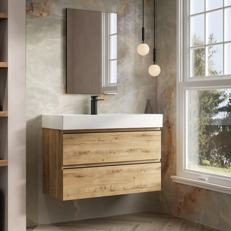 Banyetti Vatilla Ostippo Oak Wall Hung Vanity Unit with Matt Black Handles - Select Size