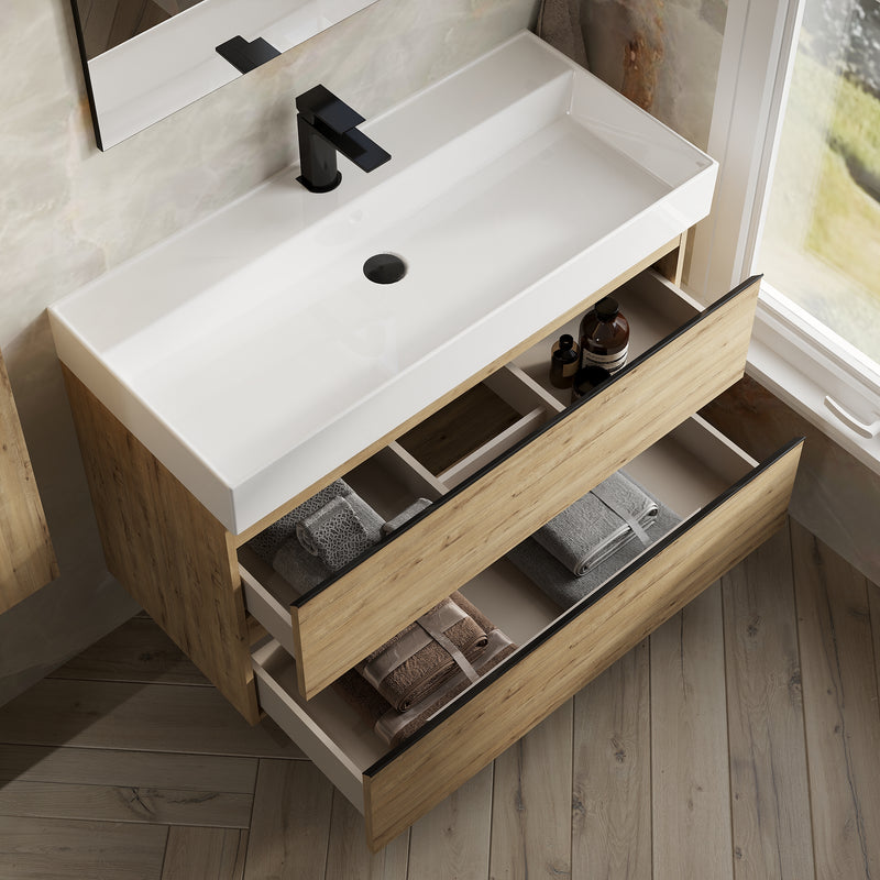 Banyetti Vatilla Ostippo Oak Wall Hung Vanity Unit with Matt Black Handles - Select Size