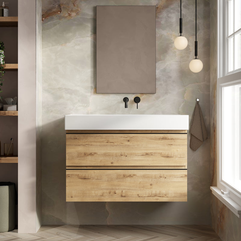 Banyetti Vatilla Ostippo Oak Wall Hung Vanity Unit with Matt Black Handles - Select Size