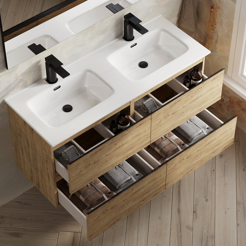 Banyetti Vatilla Ostippo Oak Wall Hung Vanity Unit with Matt Black Handles - Select Size