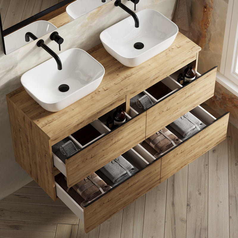 Banyetti Vatilla Ostippo Oak Wall Hung Vanity Unit with Matt Black Handles - Select Size