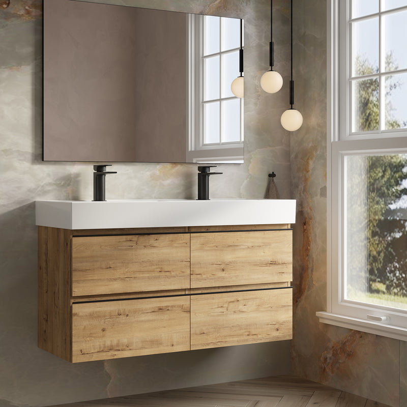 Banyetti Vatilla Ostippo Oak Wall Hung Vanity Unit with Matt Black Handles - Select Size