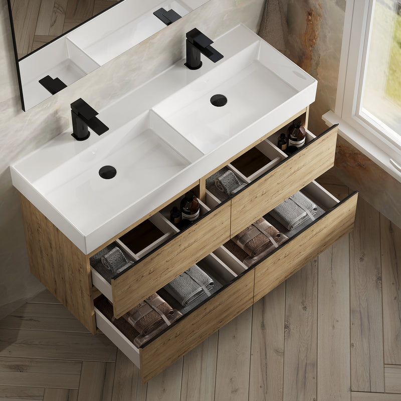 Banyetti Vatilla Ostippo Oak Wall Hung Vanity Unit with Matt Black Handles - Select Size