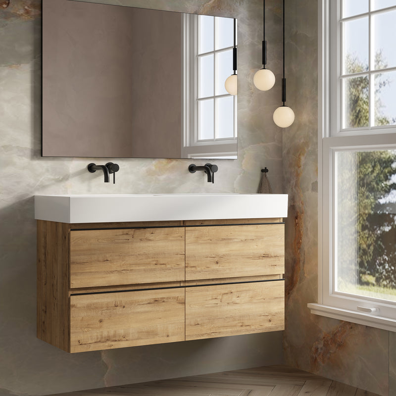 Banyetti Vatilla Ostippo Oak Wall Hung Vanity Unit with Matt Black Handles - Select Size