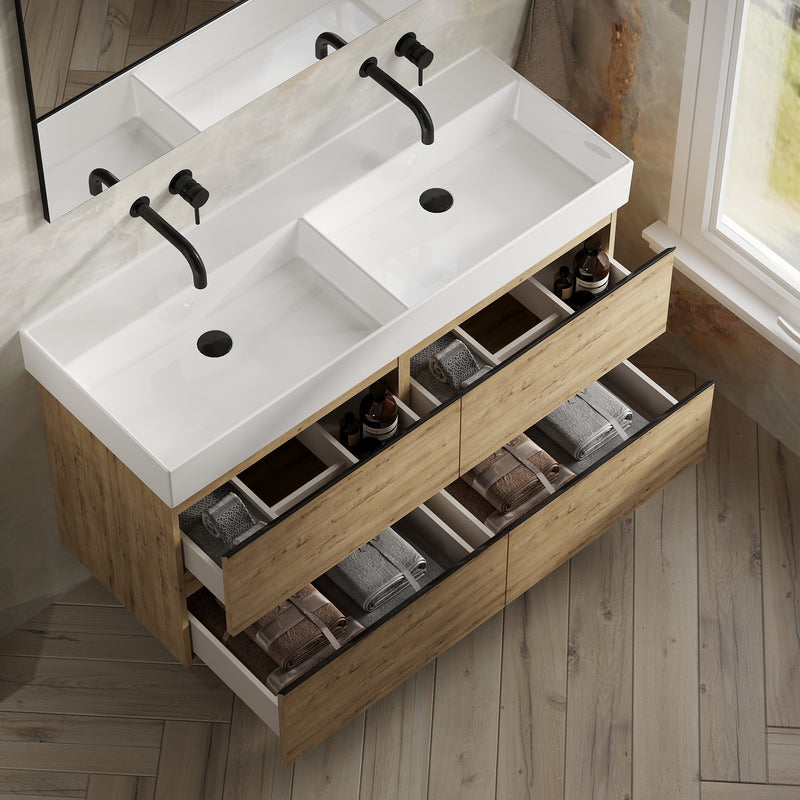 Banyetti Vatilla Ostippo Oak Wall Hung Vanity Unit with Matt Black Handles - Select Size