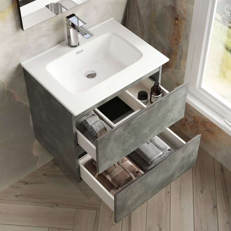 Banyetti Vatilla Cemento Wall Hung Vanity Unit with Chrome Handles - Select Size