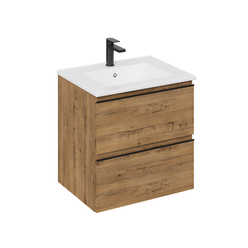 Banyetti Vatilla Ostippo Oak Wall Hung Vanity Unit with Matt Black Handles - Select Size