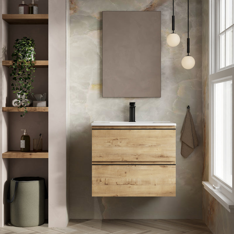 Banyetti Vatilla Ostippo Oak Wall Hung Vanity Unit with Matt Black Handles - Select Size