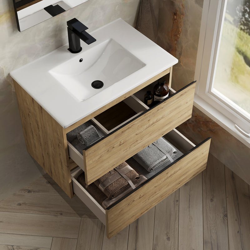 Banyetti Vatilla Ostippo Oak Wall Hung Vanity Unit with Matt Black Handles - Select Size