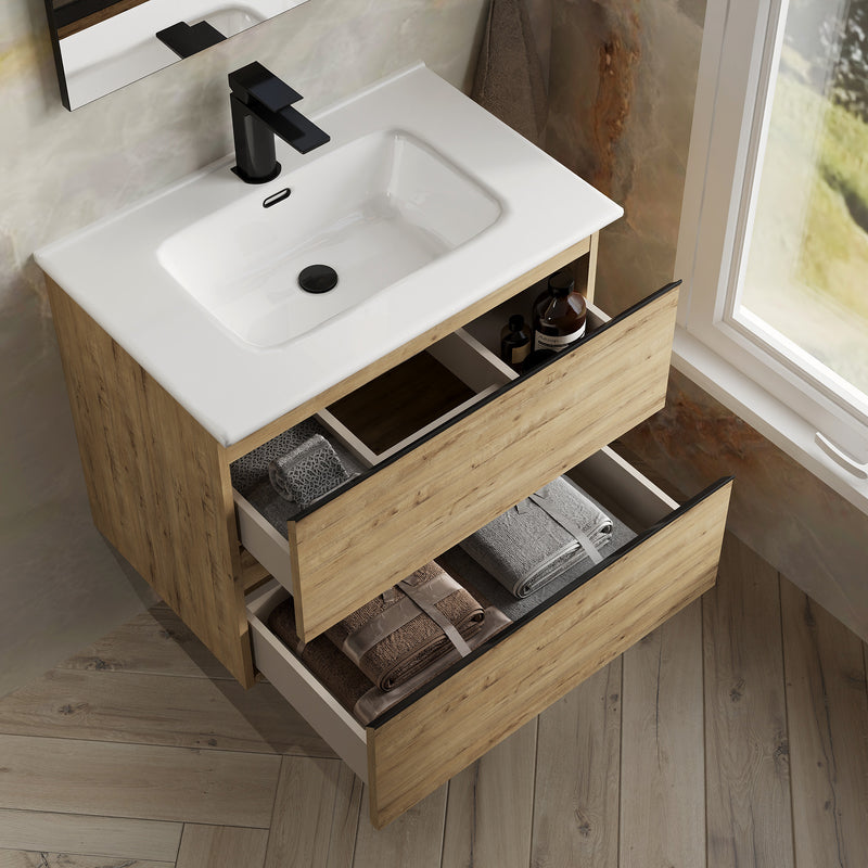 Banyetti Vatilla Ostippo Oak Wall Hung Vanity Unit with Matt Black Handles - Select Size