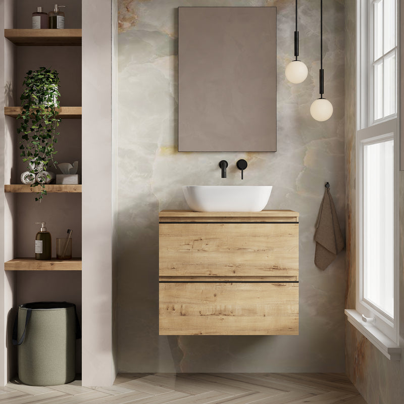 Banyetti Vatilla Ostippo Oak Wall Hung Vanity Unit with Matt Black Handles - Select Size