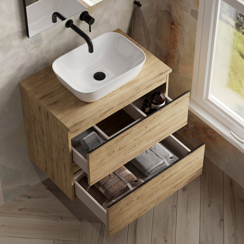 Banyetti Vatilla Ostippo Oak Wall Hung Vanity Unit with Matt Black Handles - Select Size