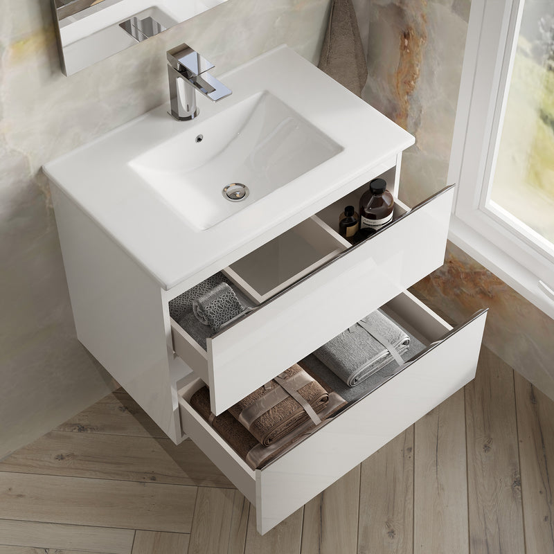 Banyetti Vatilla Gloss White Wall Hung Vanity Unit with Chrome Handles - Select Size