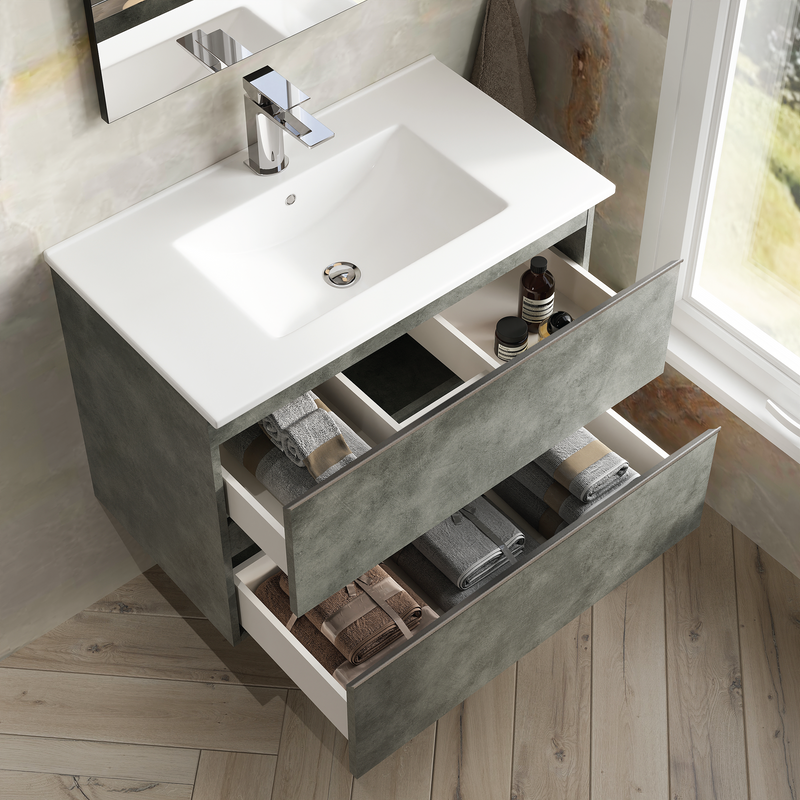 Banyetti Vatilla Cemento Wall Hung Vanity Unit with Chrome Handles - Select Size