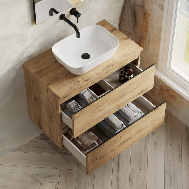 Banyetti Vatilla Ostippo Oak Wall Hung Vanity Unit with Matt Black Handles - Select Size