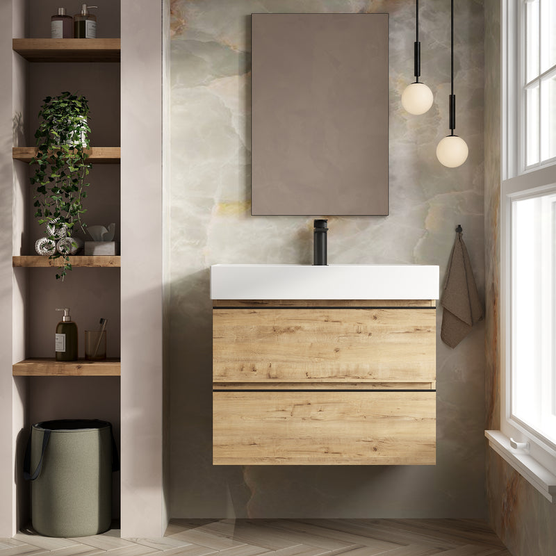 Banyetti Vatilla Ostippo Oak Wall Hung Vanity Unit with Matt Black Handles - Select Size