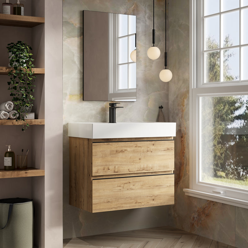 Banyetti Vatilla Ostippo Oak Wall Hung Vanity Unit with Matt Black Handles - Select Size