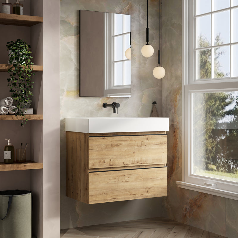 Banyetti Vatilla Ostippo Oak Wall Hung Vanity Unit with Matt Black Handles - Select Size