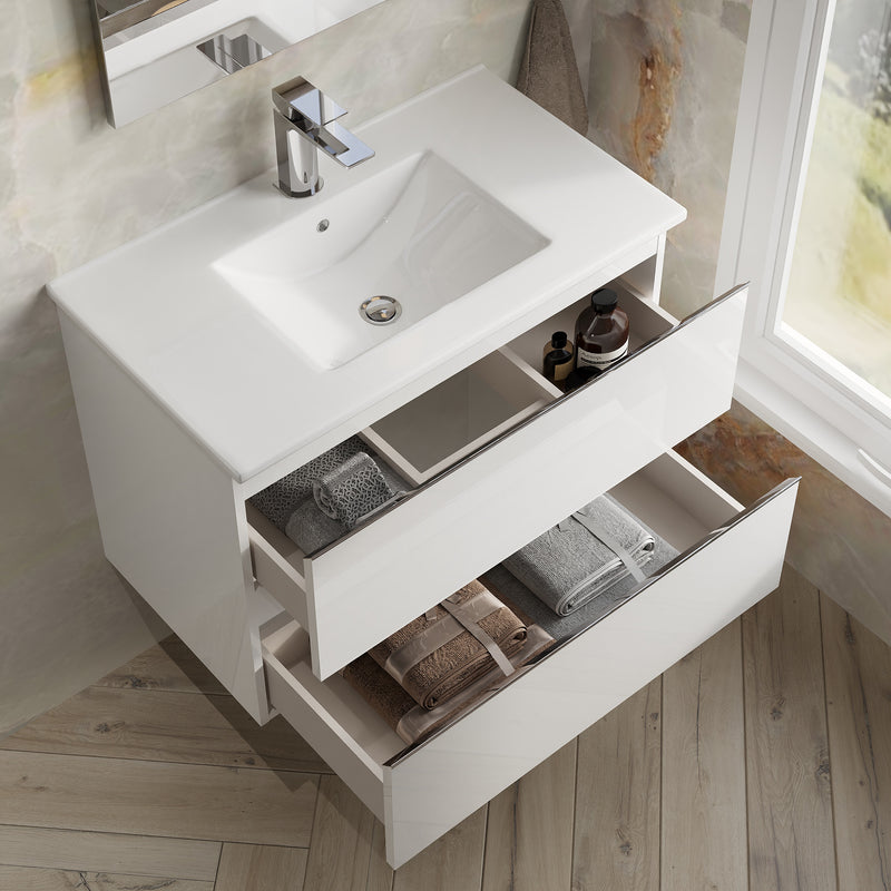 Banyetti Vatilla Gloss White Wall Hung Vanity Unit with Chrome Handles - Select Size