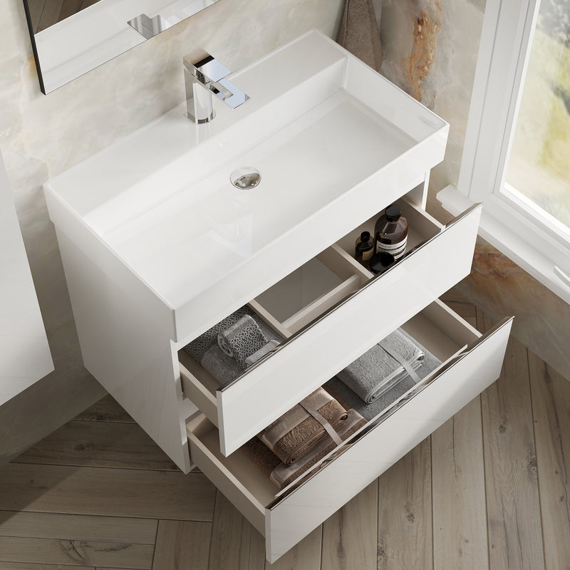 Banyetti Vatilla Gloss White Wall Hung Vanity Unit with Chrome Handles - Select Size