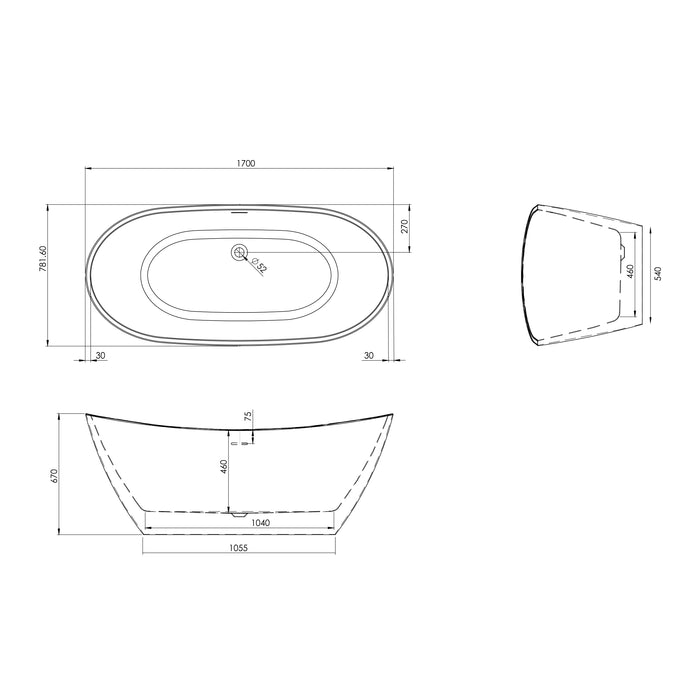 Kraft Curava 1700 x 780 Freestanding Double Ended Slipper Bath - White