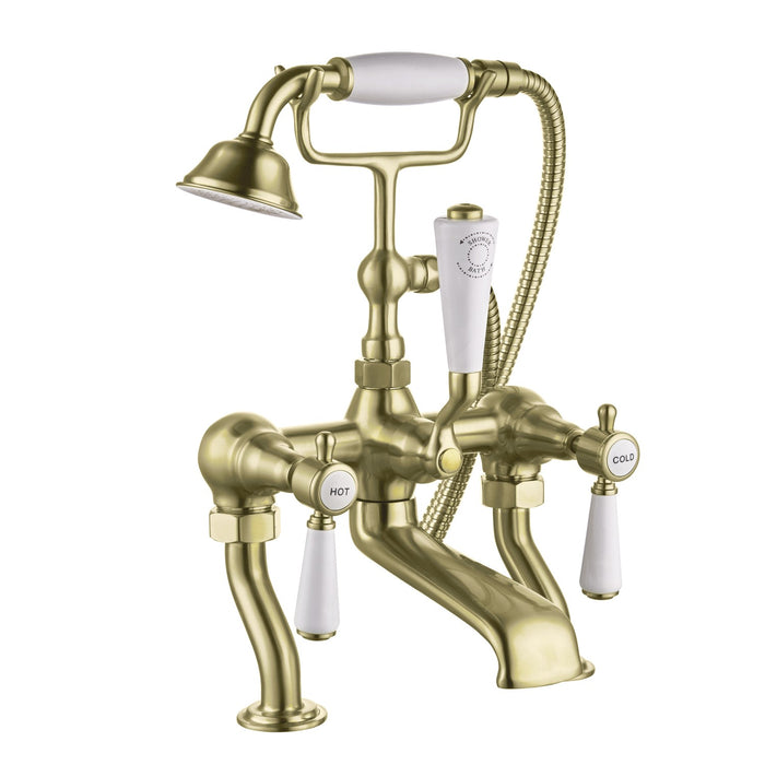 Oxford Floorstanding Bath Shower Mixer with Handset & Shrouds - Brushed Brass