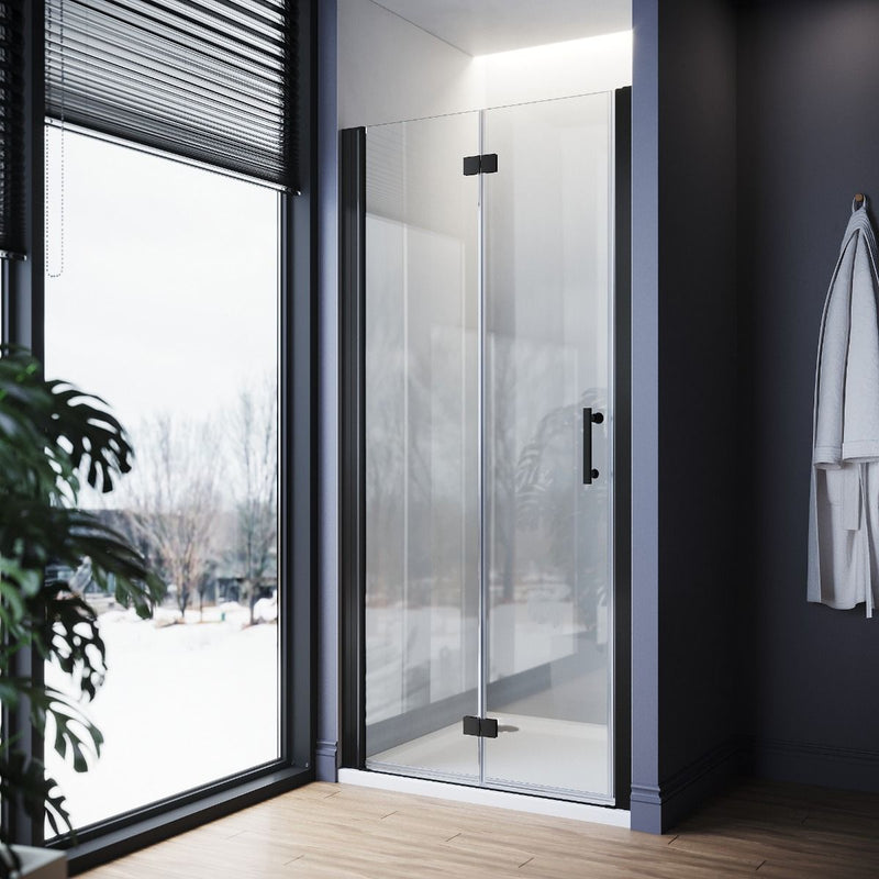 Linea black frameless bifold shower doors UK with 5mm clear tempered safety glass