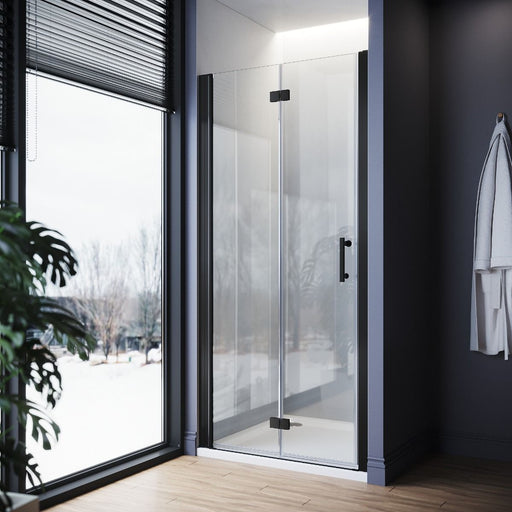 Linea black frameless bifold shower doors UK with 5mm clear tempered safety glass