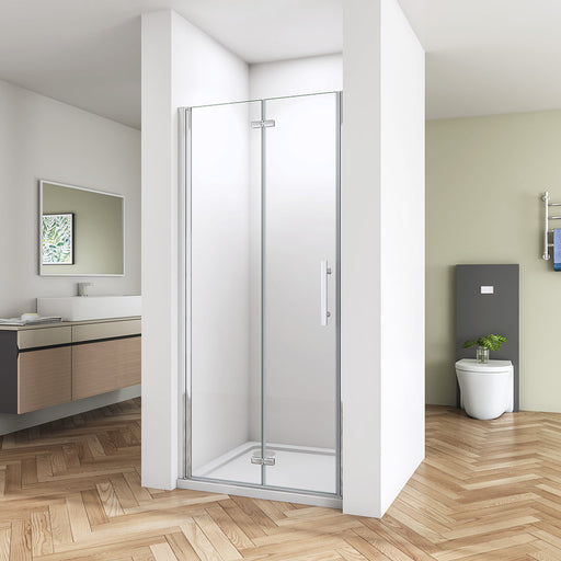 Linea chrome frameless bifold shower doors UK with 6mm clear safety glass